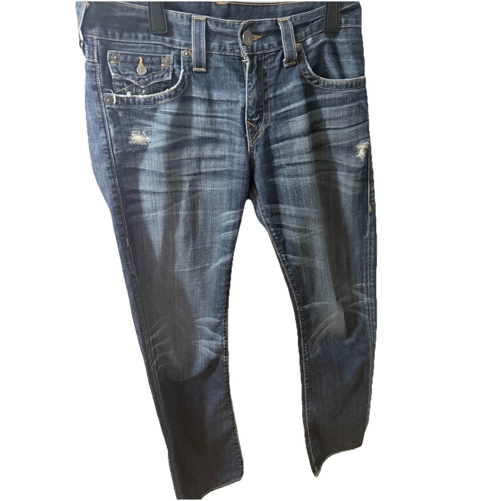 True Religion Ricky Straight Flap Jeans Men Sz 32 x 31 Blue Distress 100% Cotton